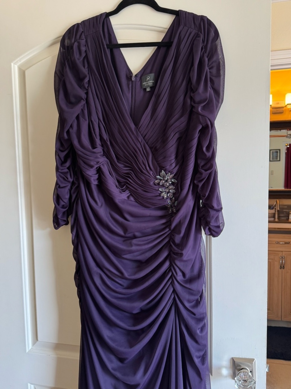 Adrianna Papell Deep Purple Ruched Gown with Embellished Waist